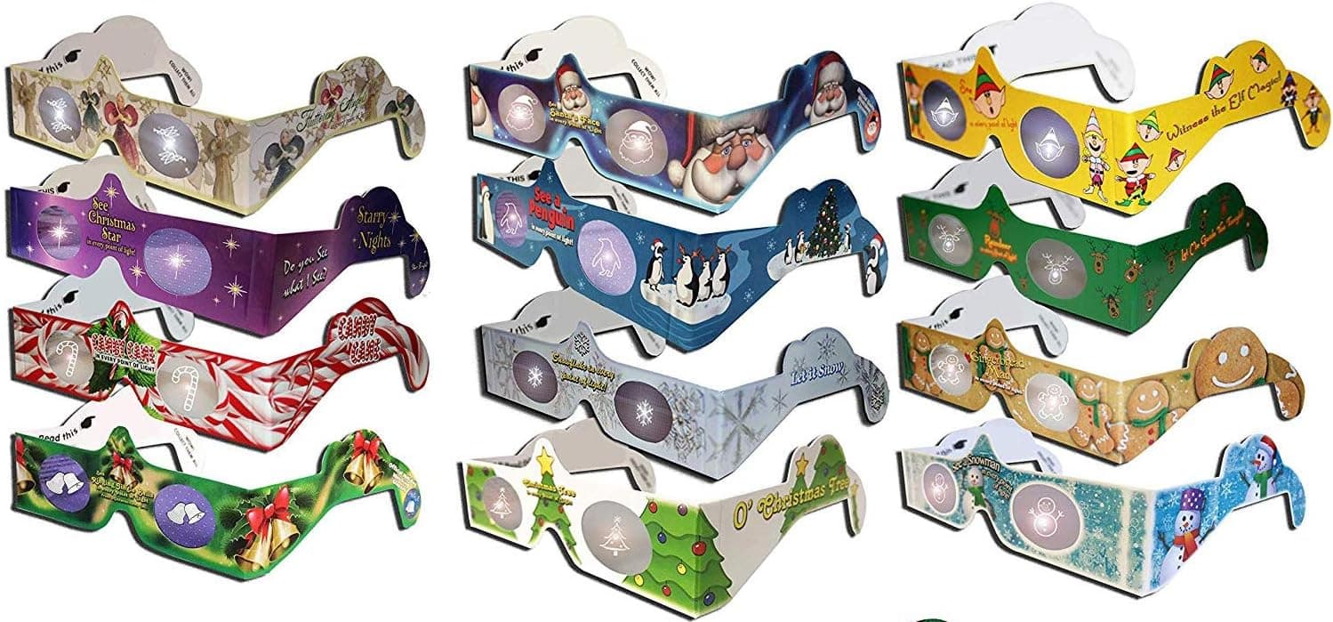 12 Pairs - 12 Different Styles - 3D Holiday Eyes(tm) Glasses - Ships Flat - For Holiday Lights - Exclusive Holiday Tree and Jingle Bells - Transform Holiday Lights Into Magical Images -