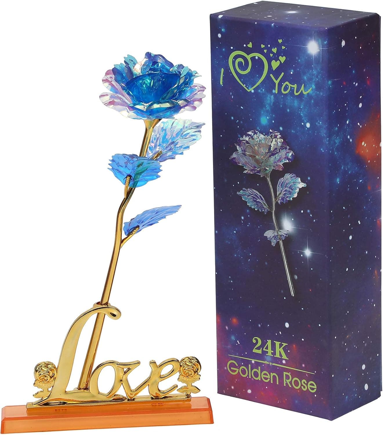 Kimura's Cabin 24K Gold Foil Rose Artificial Gold Roses Flowers for Valentine's Day, Mother's Day, Thanksgiving, Birthday, Anniversary, Wedding Gifts Supplies (Blue Rose)