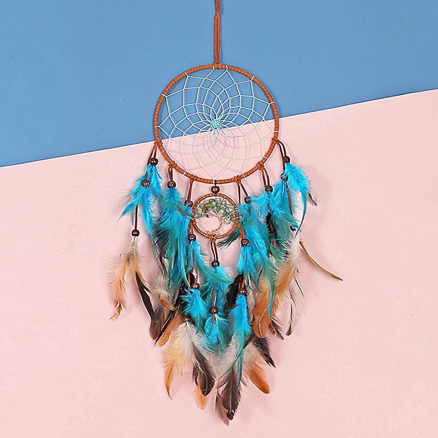MoAndy Dream Catcher Wall Decor, Dream Catcher for Girls, Tree of Life Wall Art with Blue Feathers for Native American Hanging Wall Decor Handmade Crafts for Girls Boys Bedroom