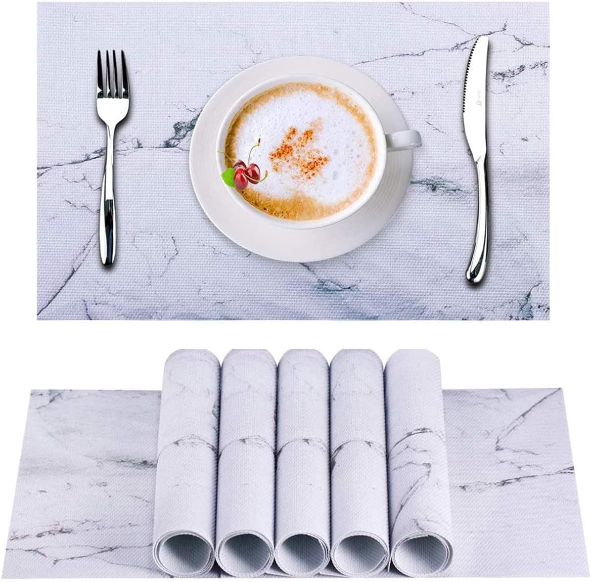 BSSN Marble Placemats Set of 6,Weave Foldable Table Mats,PVC Waterproof Heat-Resistant Anti-Slip Washable for Dining Kitchen Party Farmhouse Ideal Gift(Marble Printing)