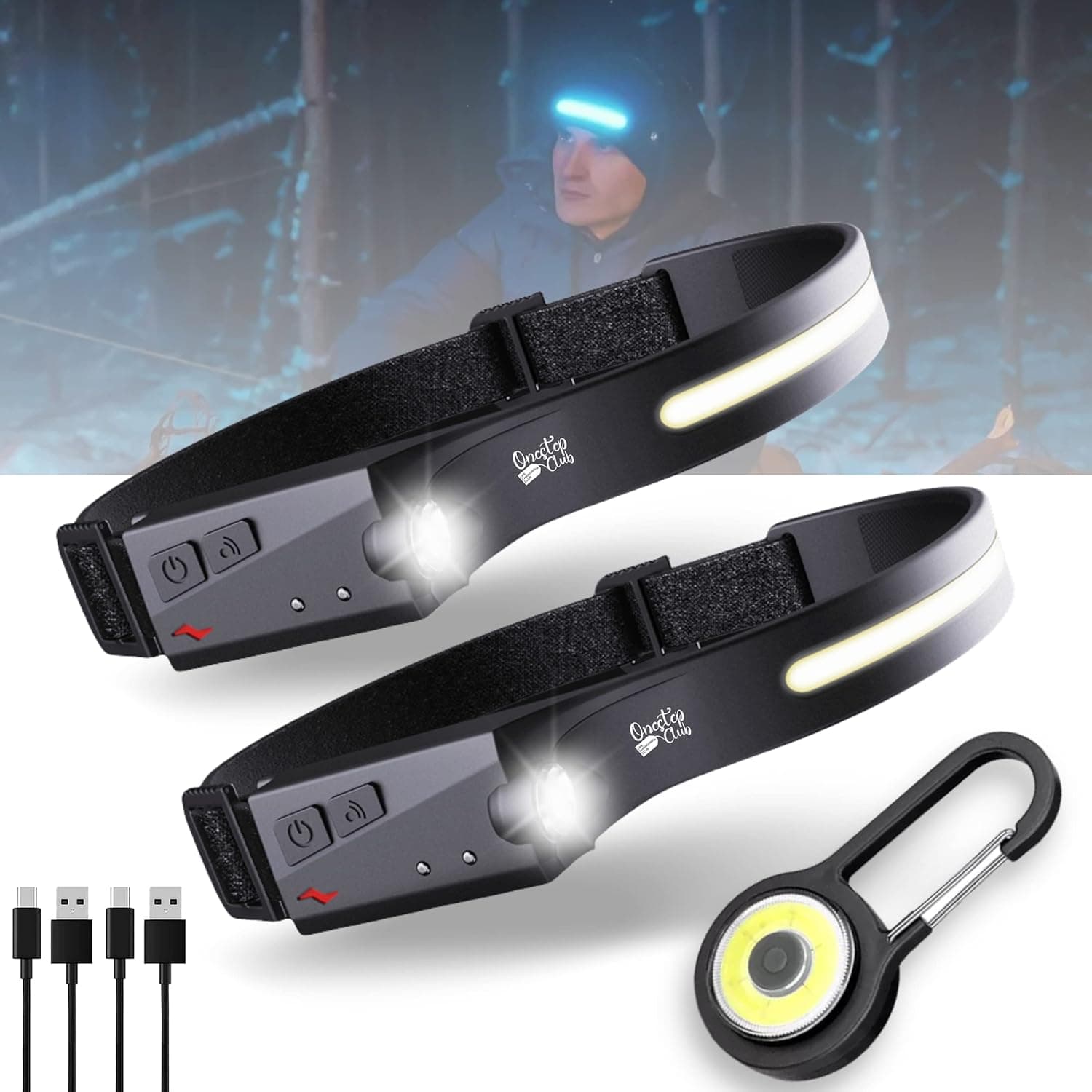 ONESTEP CLUB | 2 Rechargeable Headlamps Bright LED Headlamp Flashlight, 350 Lumen 230° Wide Beam & Spotlight, Sensor Mode, 2.4oz Lightweight Head Lamp with Type C Cables, Camping, Running, Hiking.