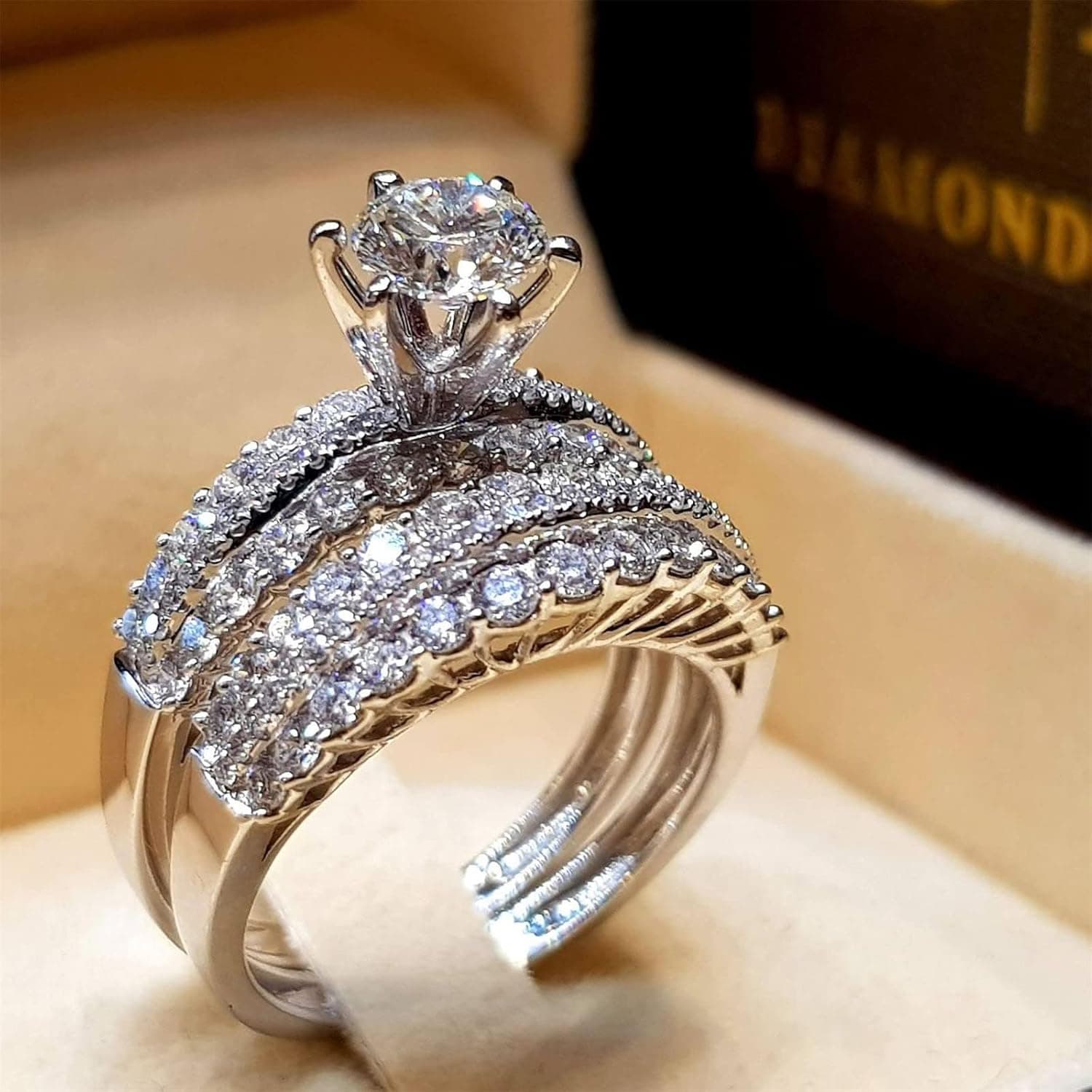 2Pcs Rose Diamond Ring White Zircon Crystal Ring Couple Ring Set,Fashion Couple Diamond Ring Luxury Women's Marriage Proposal Zircon Ring (#8)
