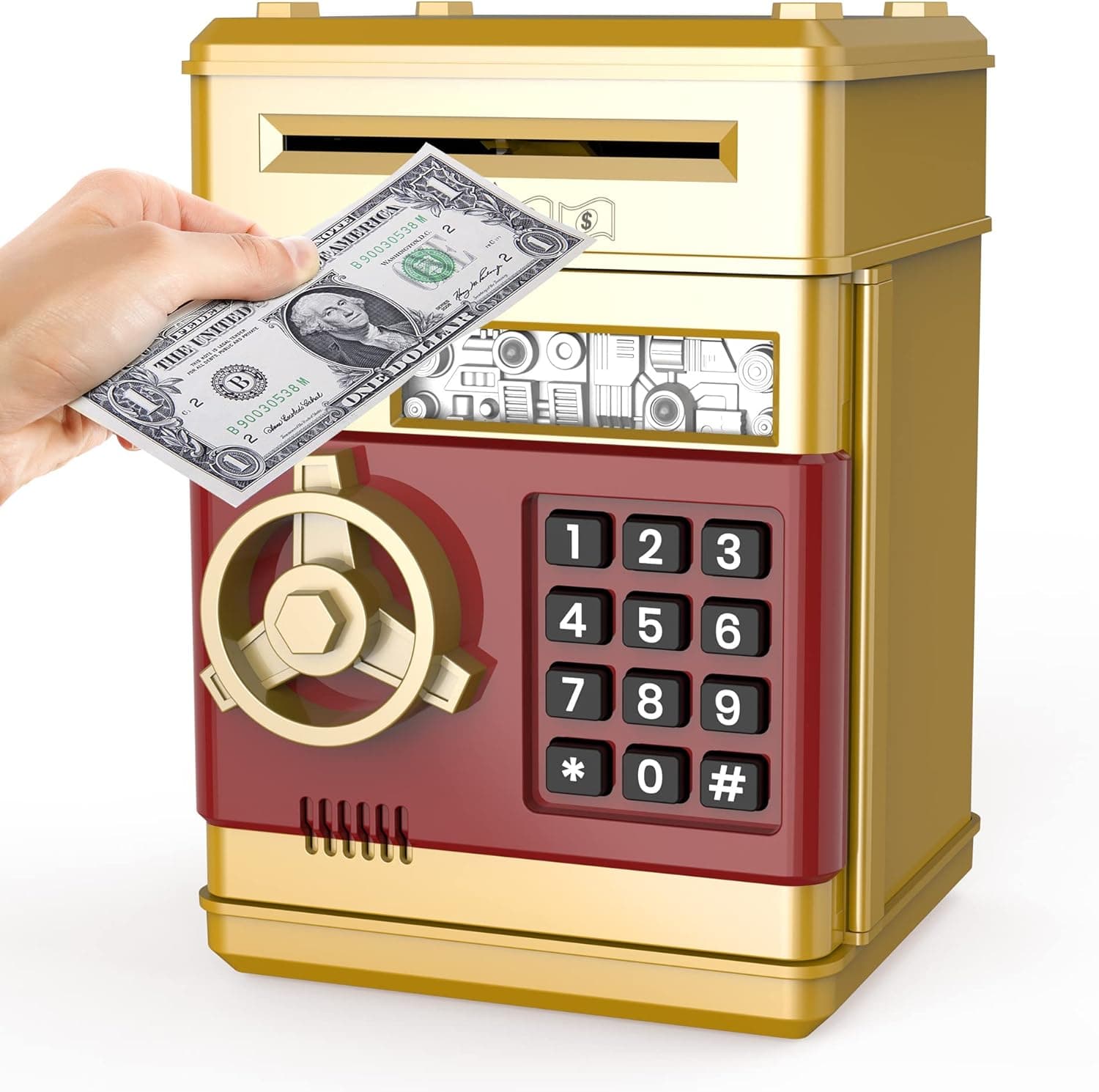 TUSEASY Piggy Bank, Toys Gifts for 4 5 6 7 8 9 10 Year Old Boys Girls, Electronic Real Money Coin ATM Saving Bank Safe Lock, Kids Kawaii Cute Stuff (Gold)