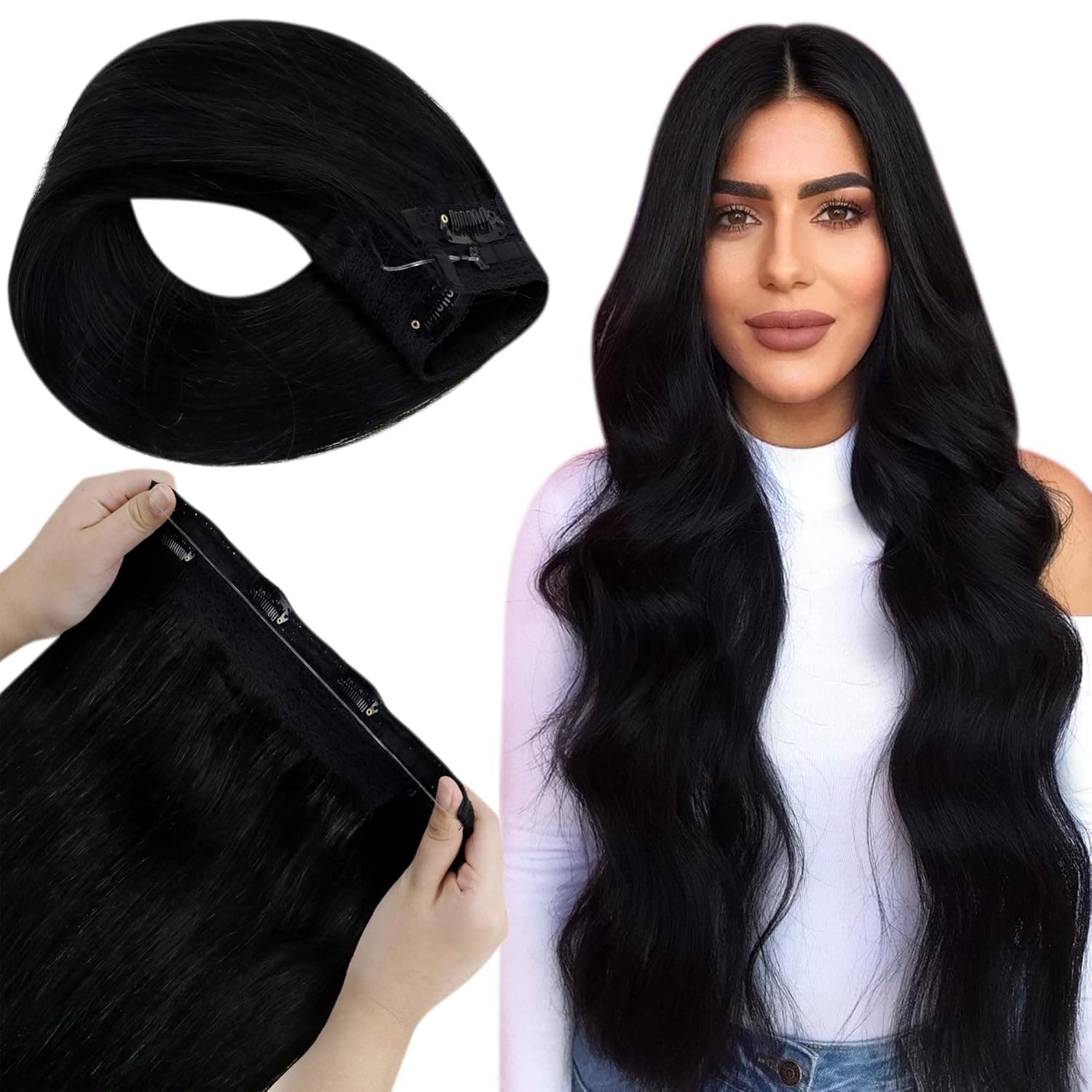 LaaVoo Halo Hair Extensions, Halo Wire Hair Extensions Off Black Halo Couture Real Human Hair Extensions Black Halo Hair Extensions Remy Human Hair Black Natural Straight Hidden Crown 100g 20"