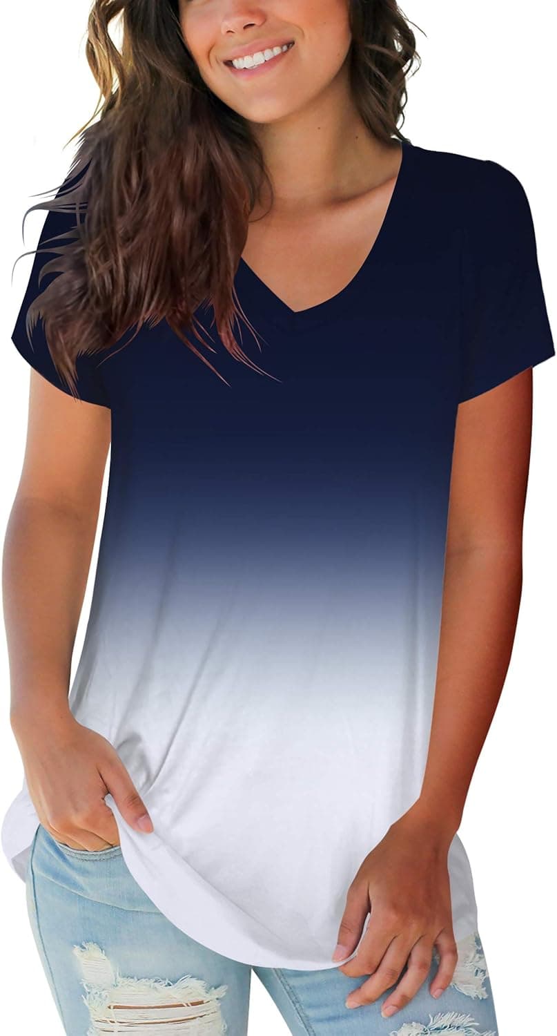 liher Women's Summer Tops Casual V Neck Short Sleeve Tie Dye Shirts Ombre Basic Tops