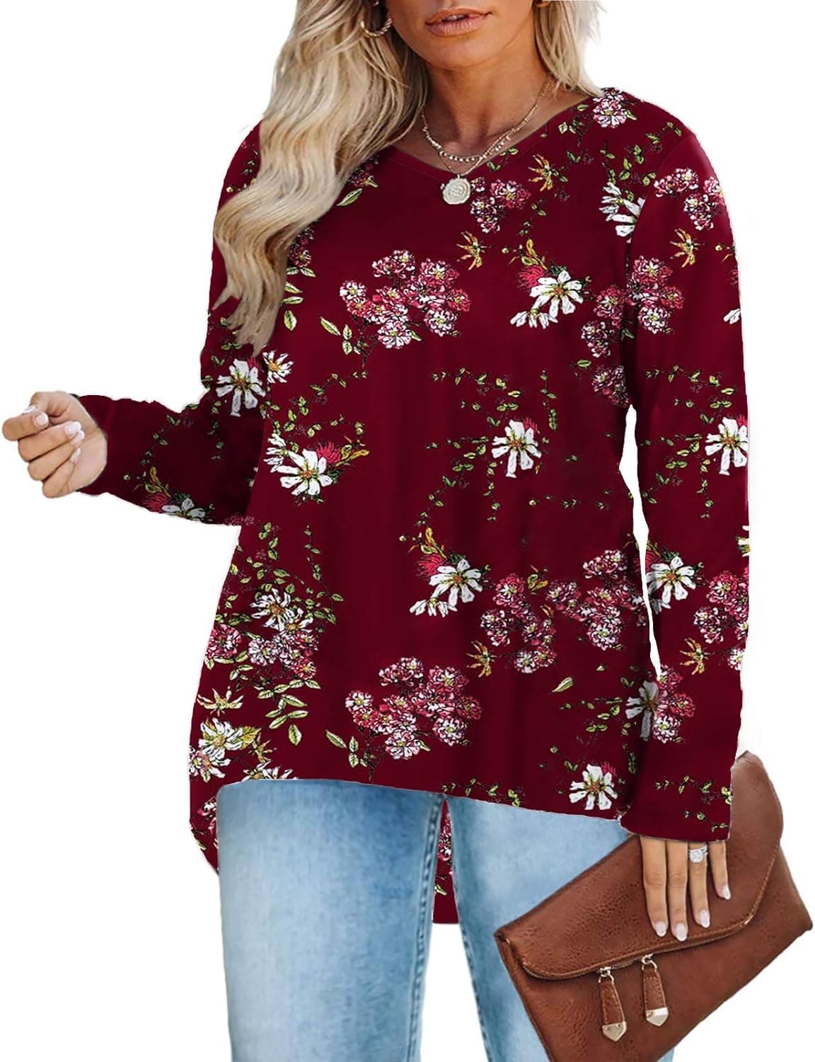DOLNINE Womens Plus-Size Tops Long Sleeve V Neck Casual Shirts XL-4XL