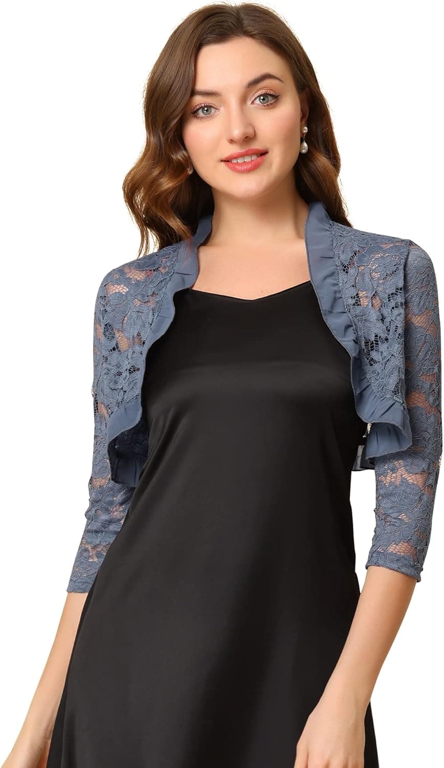 Allegra K Women's Elegant Ruffle Collar Crop Cardigan Sheer Floral Lace Shrug Top