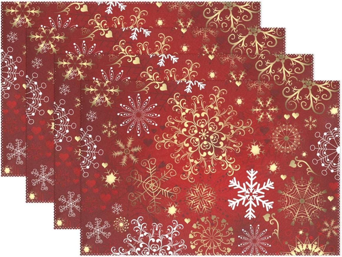 WIHVE Placemat Set of 6, Christmas Red Gold Snowflake Table Placemats for Kitchen Dining Table Decoration
