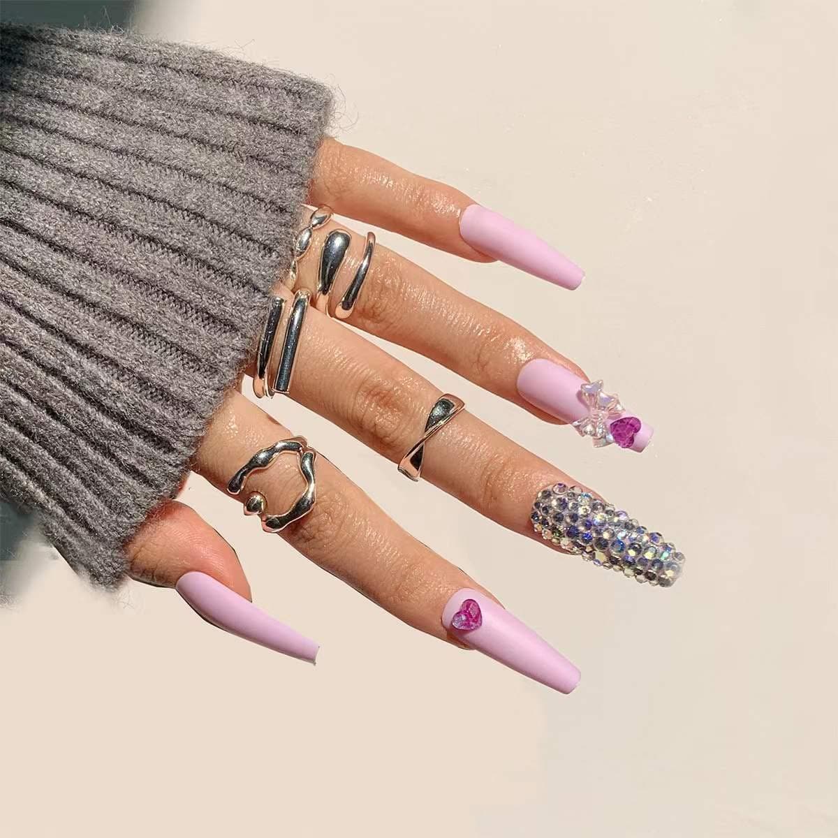 Valentine's Gift Long Ballet Coffin luxury Press On Nails Glitter Full Color Rhinestone Black Marbled Pink Aurora White Butterfly Blue Matcha 30Pcs/24Pcs (Lavender pink full rhinestone color heart and bow)