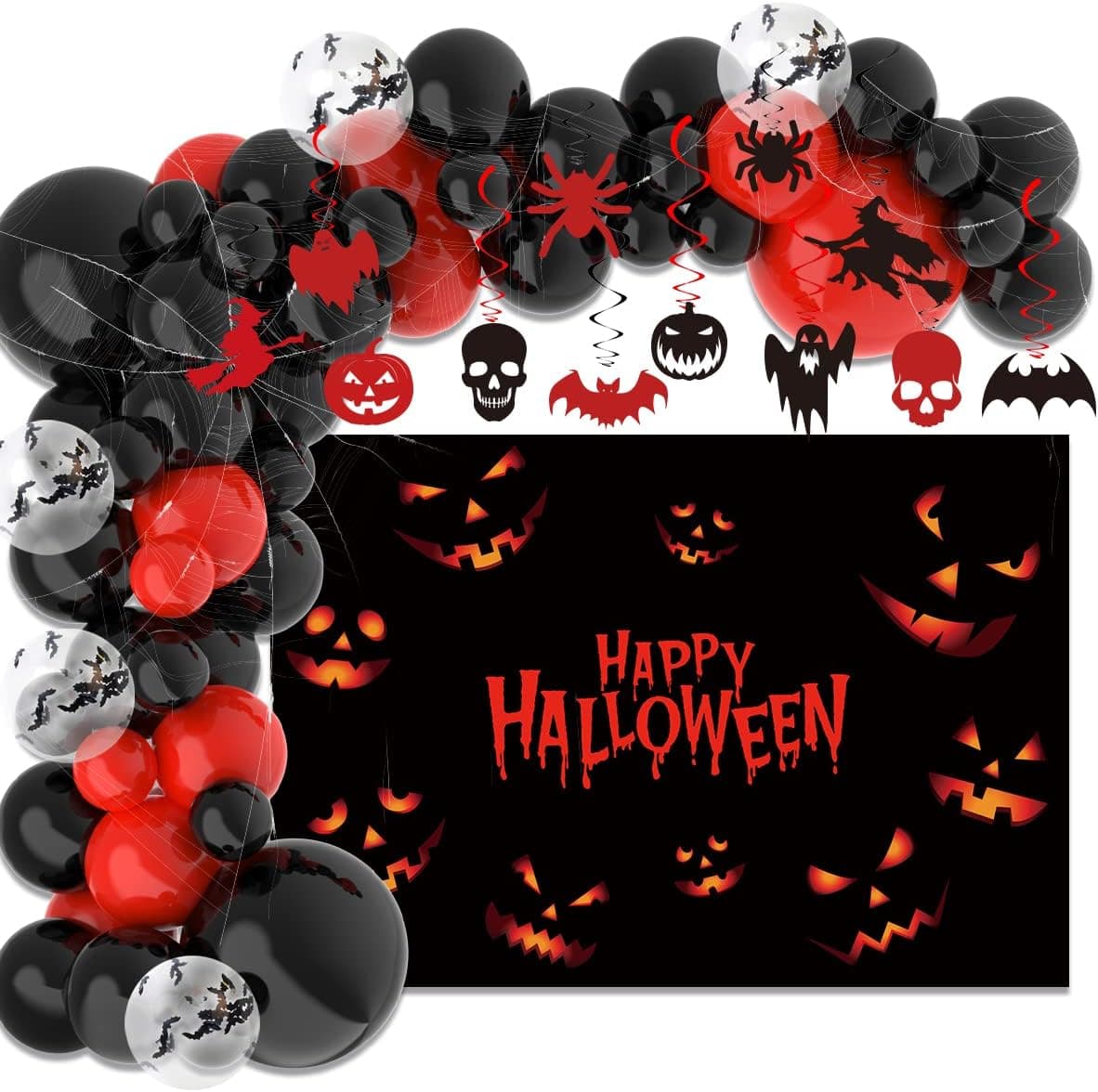 YOOOOXV Halloween Party Decorations, Red And Black Halloween Balloons Arch, Halloween Garland With Spider Web, Backdrop for Halloween Party Home Outdoor Indoor Favors