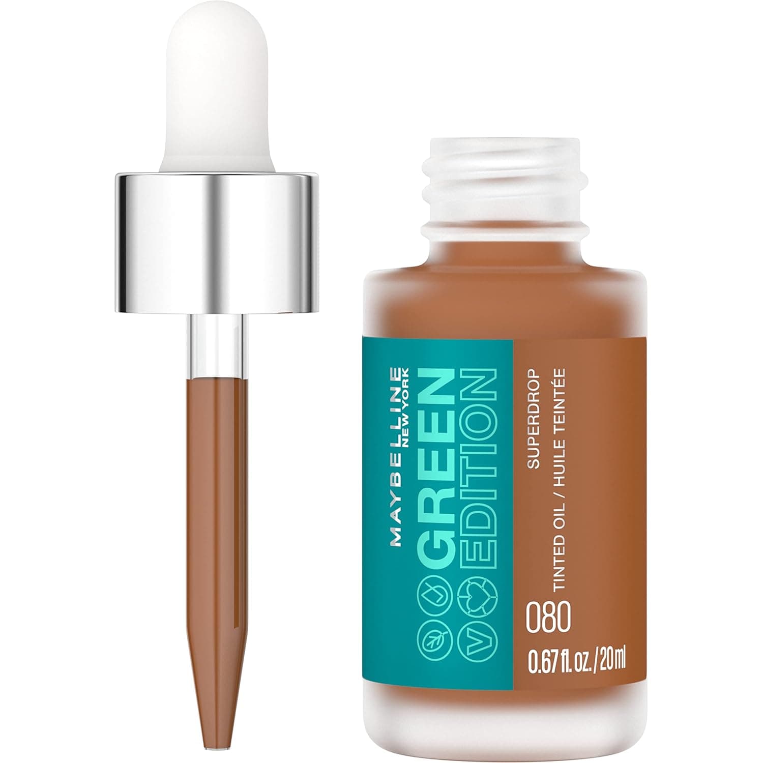 Maybelline New York Green Edition Superdrop Tinted Oil Base Makeup, Adjustable Natural Coverage Foundation Formulated With Jojoba & Marula Oil, 80, 1 Count