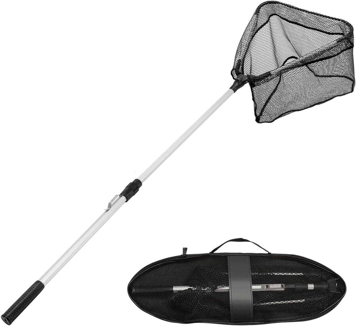 PAMASE 53" Fish Landing Net Telescoping Aluminum Pole with Rubber Coated Mesh + Carrying Bag - New Black