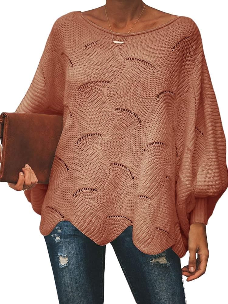 Msikiver Womens Oversized Pullover Sweater Batwing Sleeve Crochet Hollow Out Knit Jumper Cape Rust