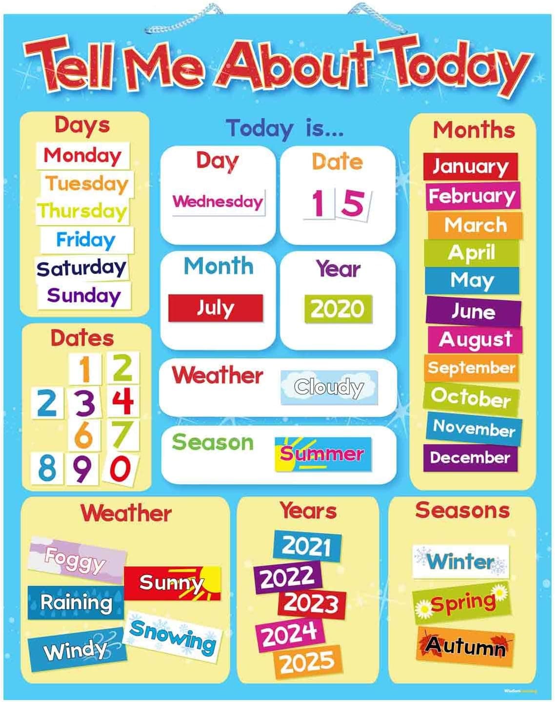 WISDOM LEARNING Tell ME About Today Children's Educational Magnetic Calendar Board Kids 1st Classroom homeschooling Chart 40 x 32cm with Hanging Blue Loop