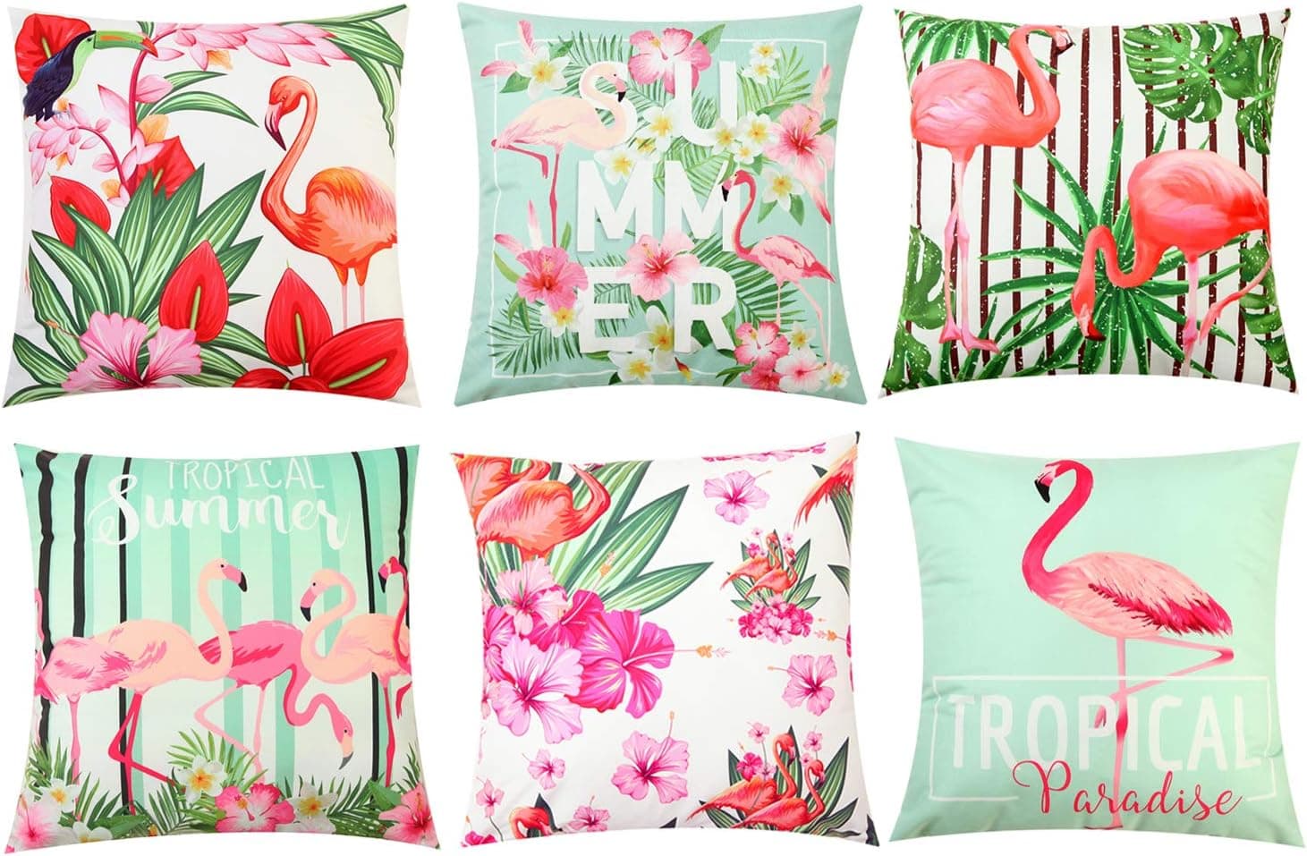 Pibupibu 4/6 Party Packs 18"x18" Flamingo Throw Pillow Case Cushion Cover Soft Velvet Decorative Pillowcases Set (6 Packs Green Series)