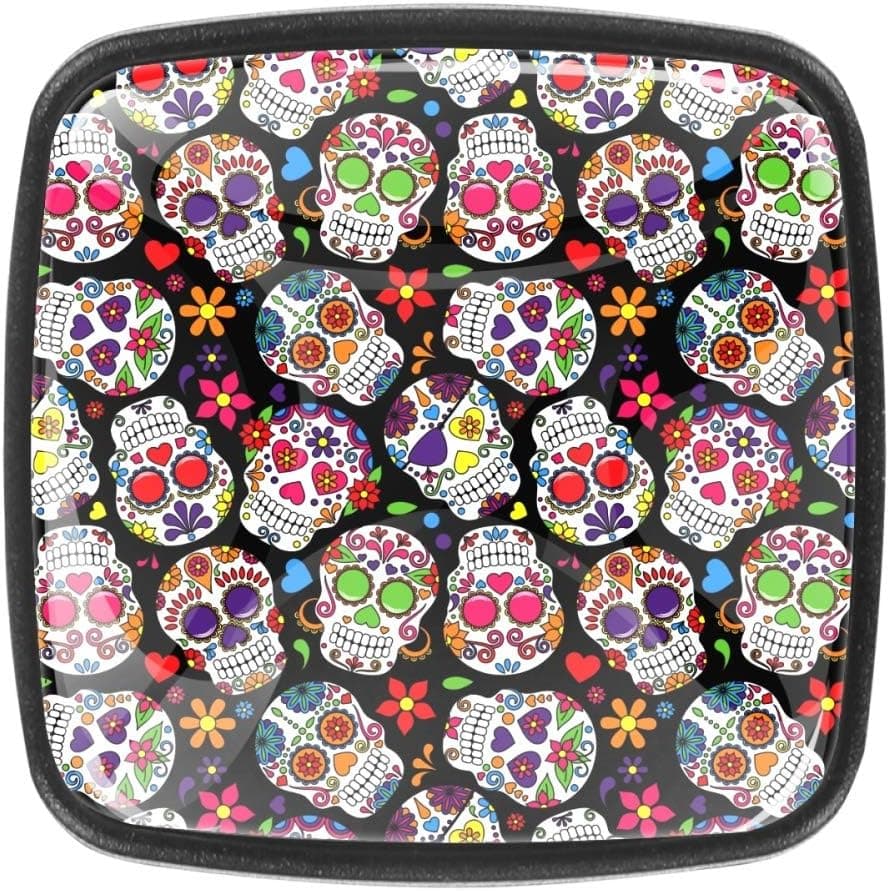 DEYYA Drawer Knobs Day of The Dead Sugar Skull 4PCS Square Crystal Glass Cabinet Door Pulls Ergonomics Handles