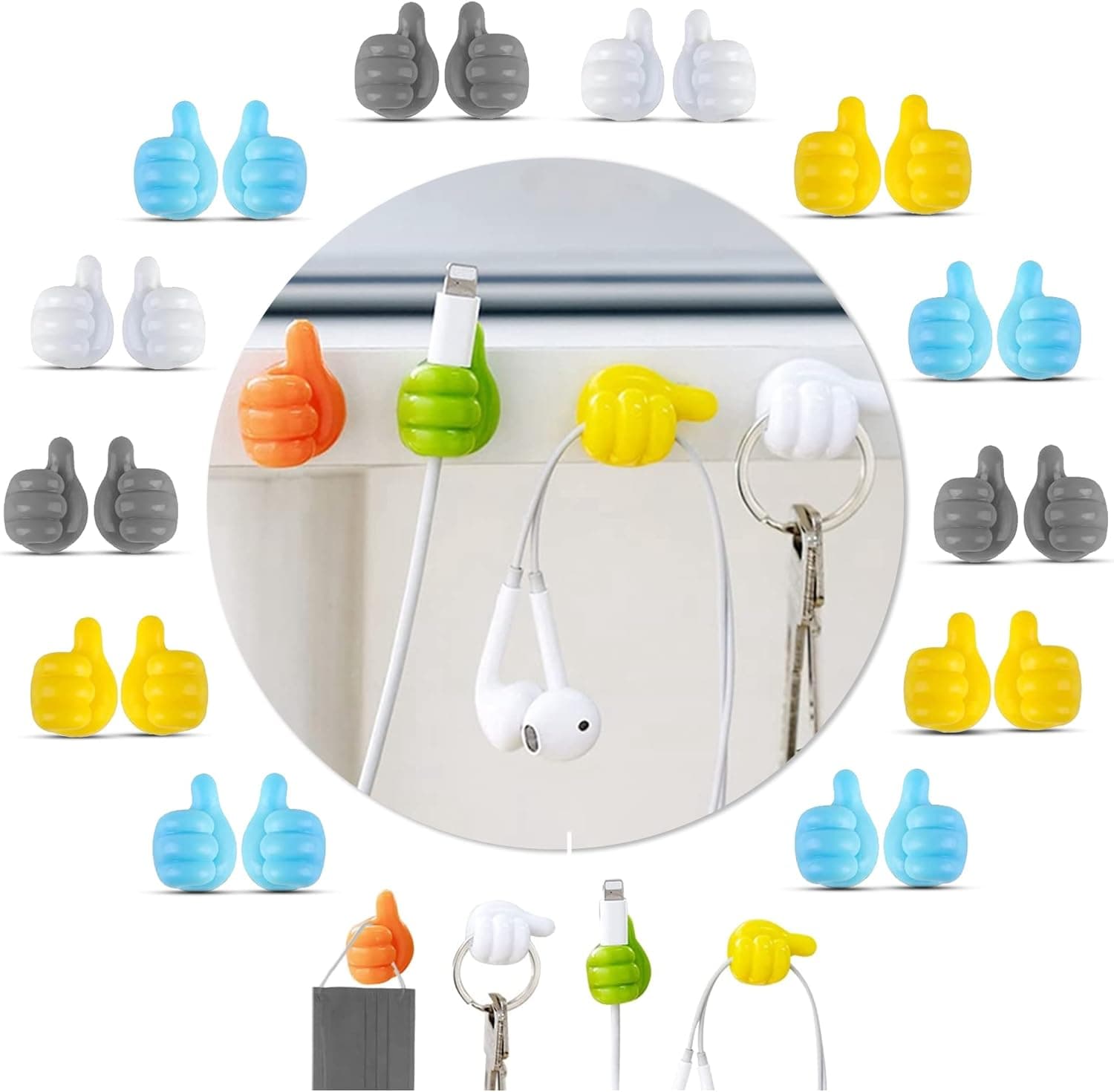 Dazzle fairy Thumb Wall Hooks Cable Holder – Pack of 24 Self Adhesive Thumb Hooks | Hanging Cable Clips Key Hook Multi-Function Wall Hooks for Cable Management