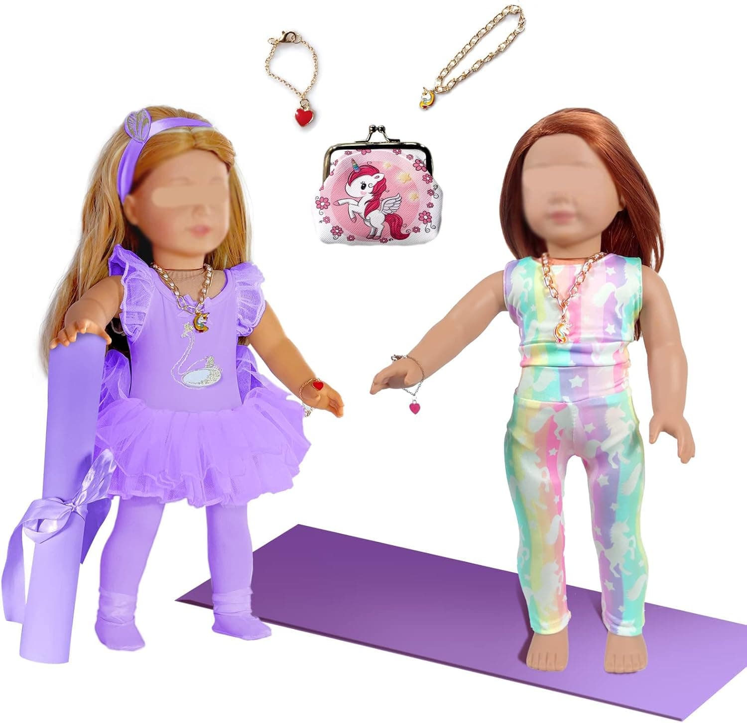 2-Sets 18-inch Doll-Clothes Accessories Ballet Dance Outfit Set with Shoes, Yoga Mat, Bracelet, Necklace, Bag-Compatible with American 18 inch Dolls -Purple