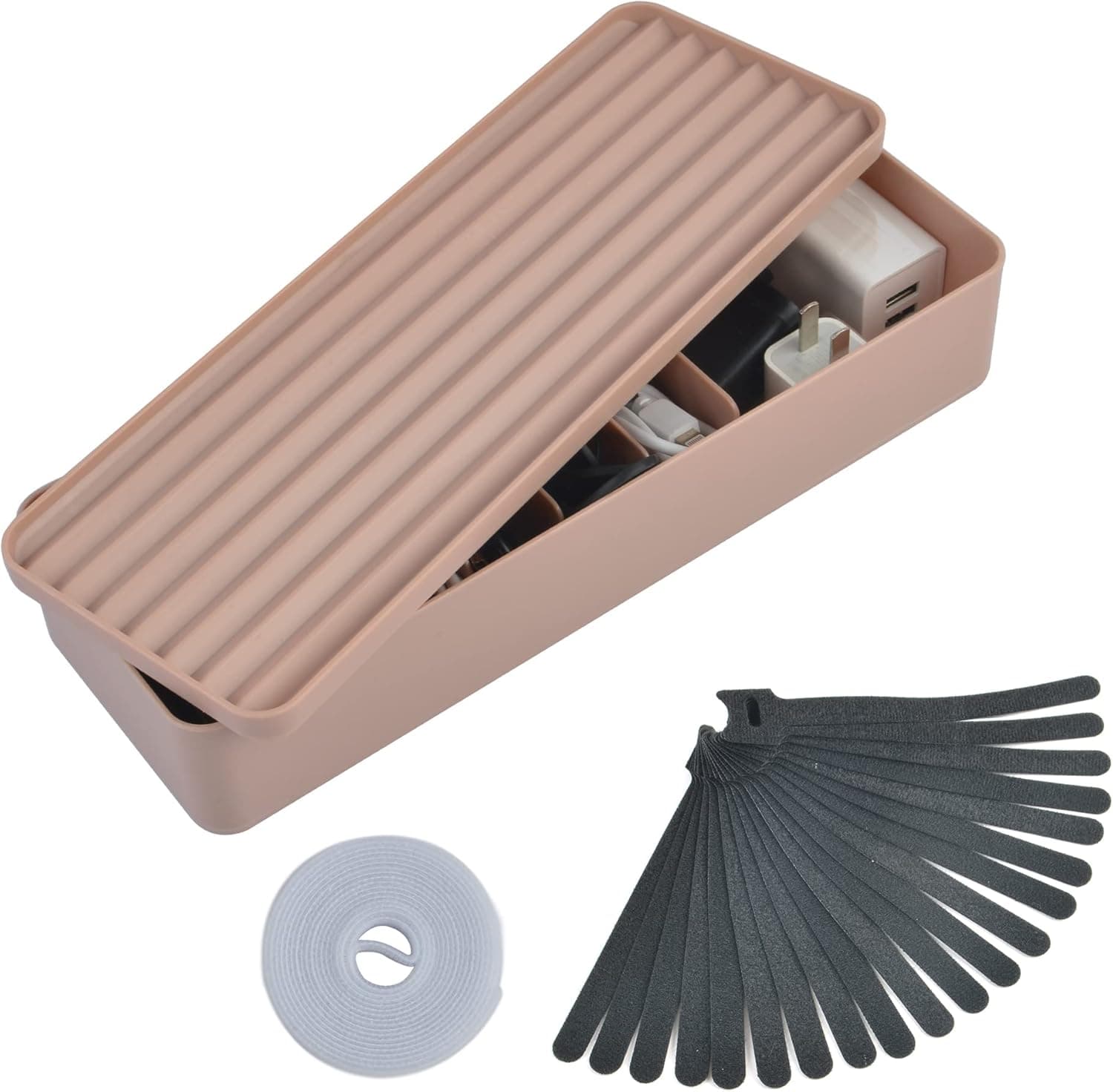 Cable Management Box with 20 Wire Ties Straps Plastic Power Cord Organizer with Lid-7 Dividers Electronics Organizer for Office,Home Use,Desk Accessories Storage for Stationery Supplies (Pink)