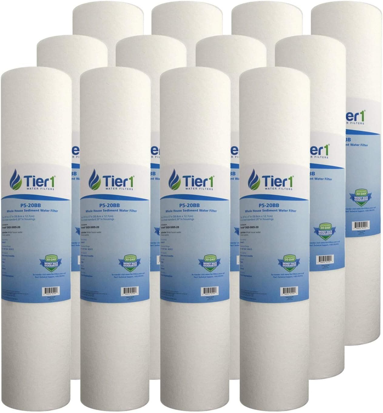 Tier1 5 Micron 20 Inch x 4.5 Inch | 12-Pack Spun Wound Polypropylene Whole House Sediment Water Filter Replacement Cartridge | Compatible with Pentek DGD-5005-20, SDC-45-2005, Home Water Filter