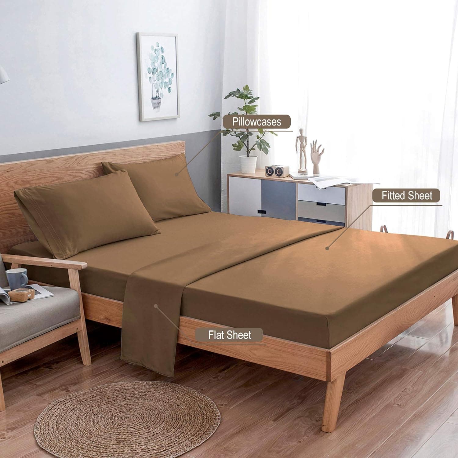VEEYOO Twin XL Size Bed Sheet Set - 3 Piece Brushed Microfiber 1800 Bedding Set, Hypoallergenic Comfortable Fitted Sheet - 16 inches Deep Pocket, 1 Flat Sheet 1 Fitted Sheet 1 Pillowcase, Mocha
