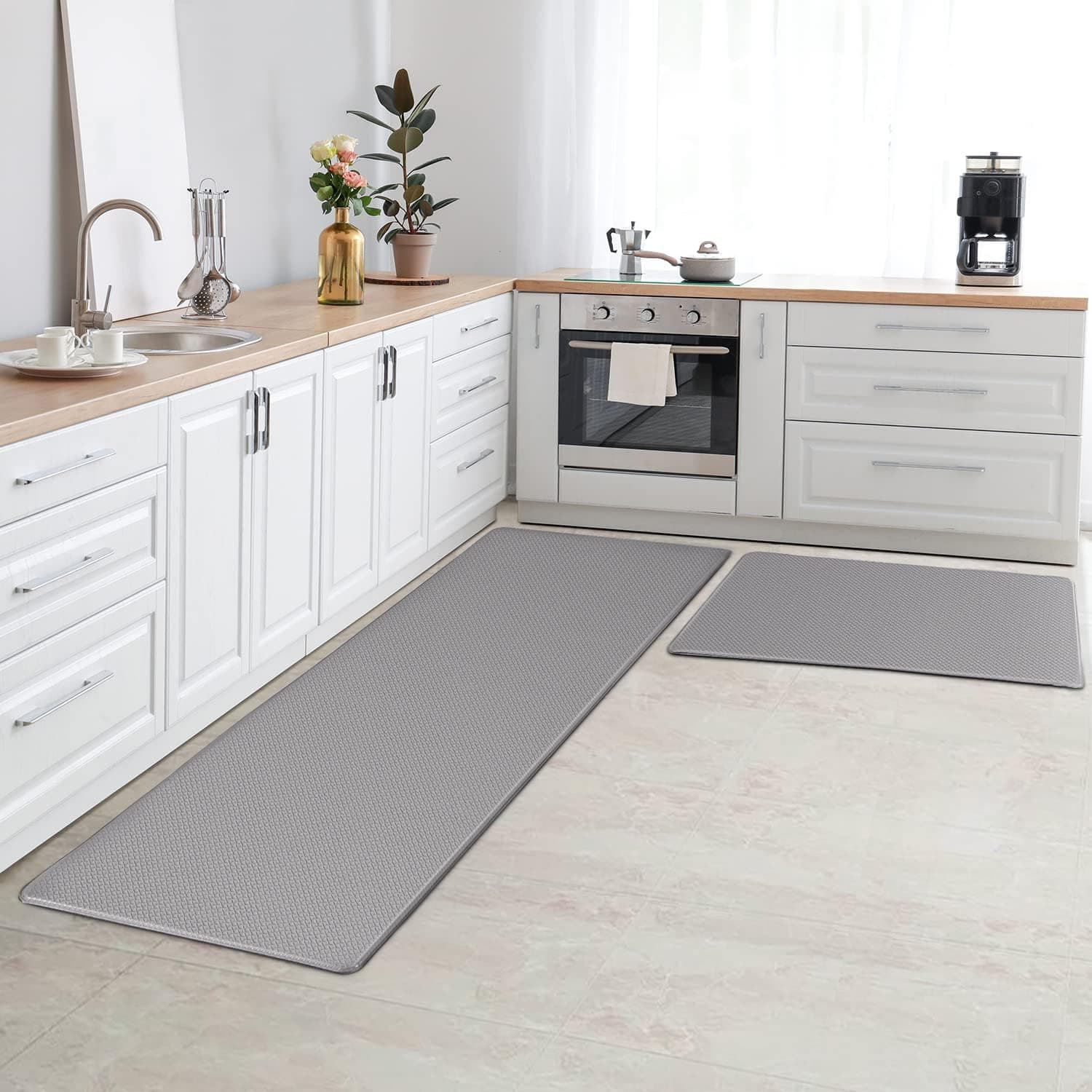 Anti-Fatigue Kitchen Mats, 2 Pc 59" + 29.5" (L) Comfortable Floor Rugs, Cushioned Fatigue Mat for Standing Desk, Waterproof Anti-Skid Laundry Room Pad Foot Relaxing Standing Rug Grey