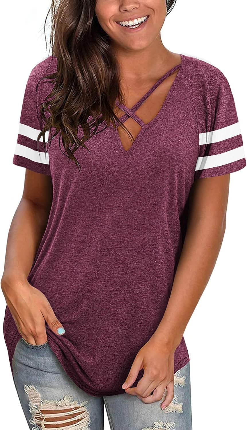Womens Short Sleeve V Neck T Shirts Tops Summer Sexy Criss Cross T-Shirts Casual Loose Cotton Tees