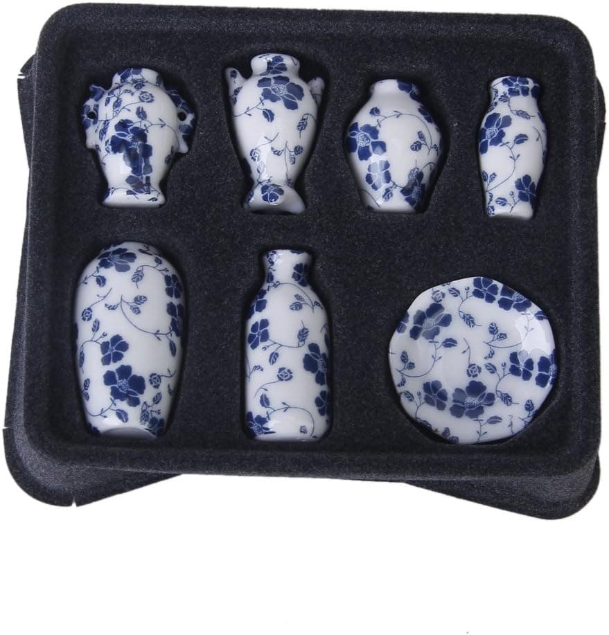 1/12 Dollhouse Blue and White Porcelain Vase Ceramic Miniatures China -7 PCS