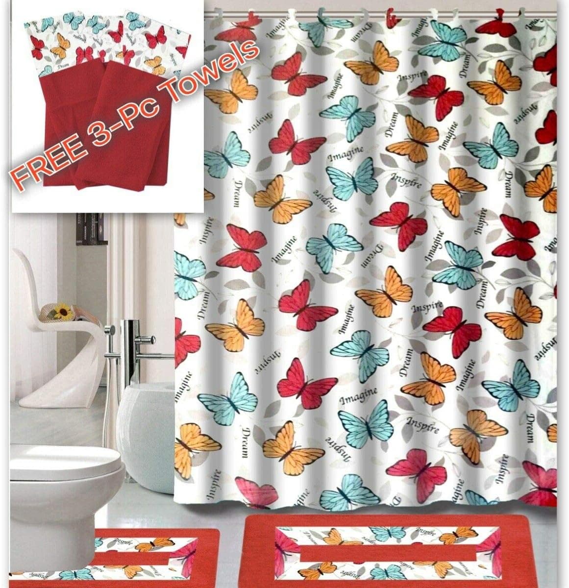 Empire Home 15 Piece Elegant Bathroom Set Bath Rugs Shower Curtain Hooks + Free 3 Piece Towel Set (Butterfly Red)