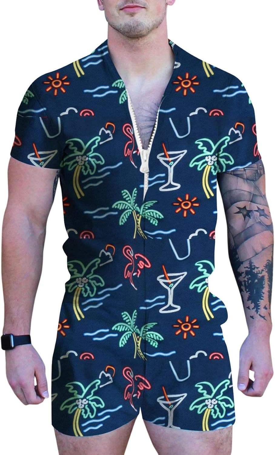 UNIFACO Mens Printed One Piece Short Sleeve Zipper Rompers Summer Overall Pocket S-XXL