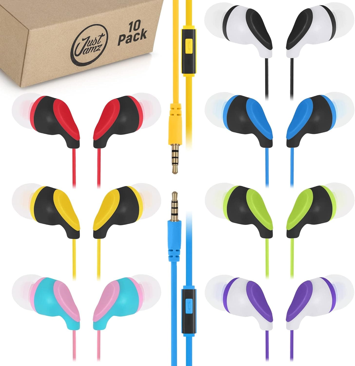 Earbuds JustJamz Kidz, 10 Pack, Earbuds with Microphone, Disposable Earphones, Call with Mic, Stereo Headphones, Bulk Earbuds for Schools, Kids, Classrooms & Libraries, Mixed Colors