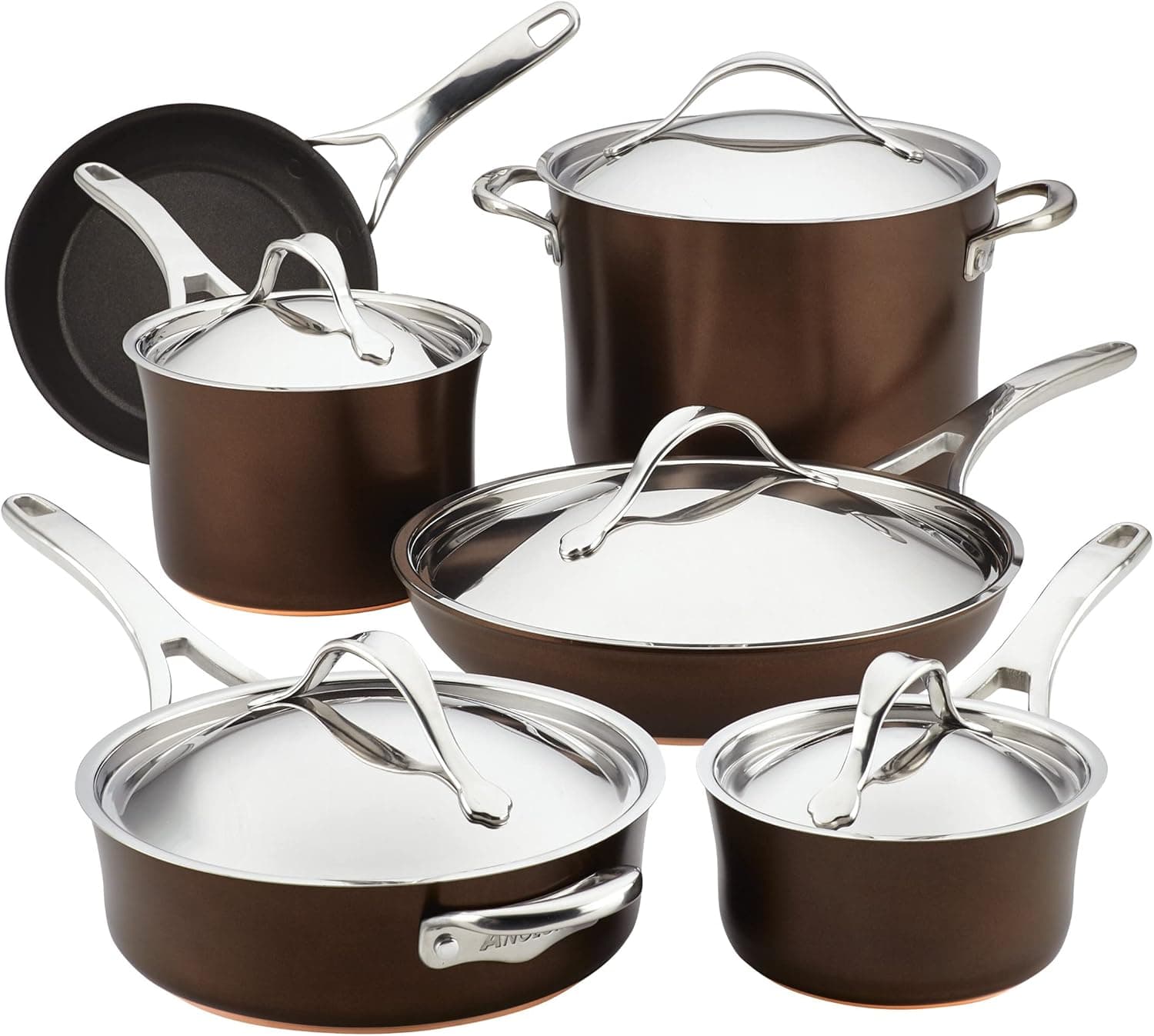 Anolon Nouvelle Copper Hard Anodized Nonstick Cookware Pots and Pans Set, 11 Piece, Sable
