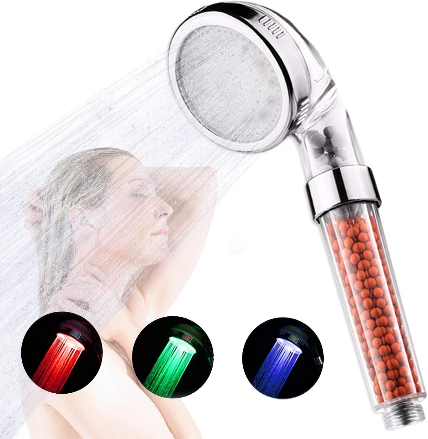 TOUZUTY LED Light Shower Head Filter Color Changes with Water Temperature High Output Hard Water Softener Handheld Shower Head and Heavy Metals Filter Hard Water Softener for Dry Hair and Skin Spa