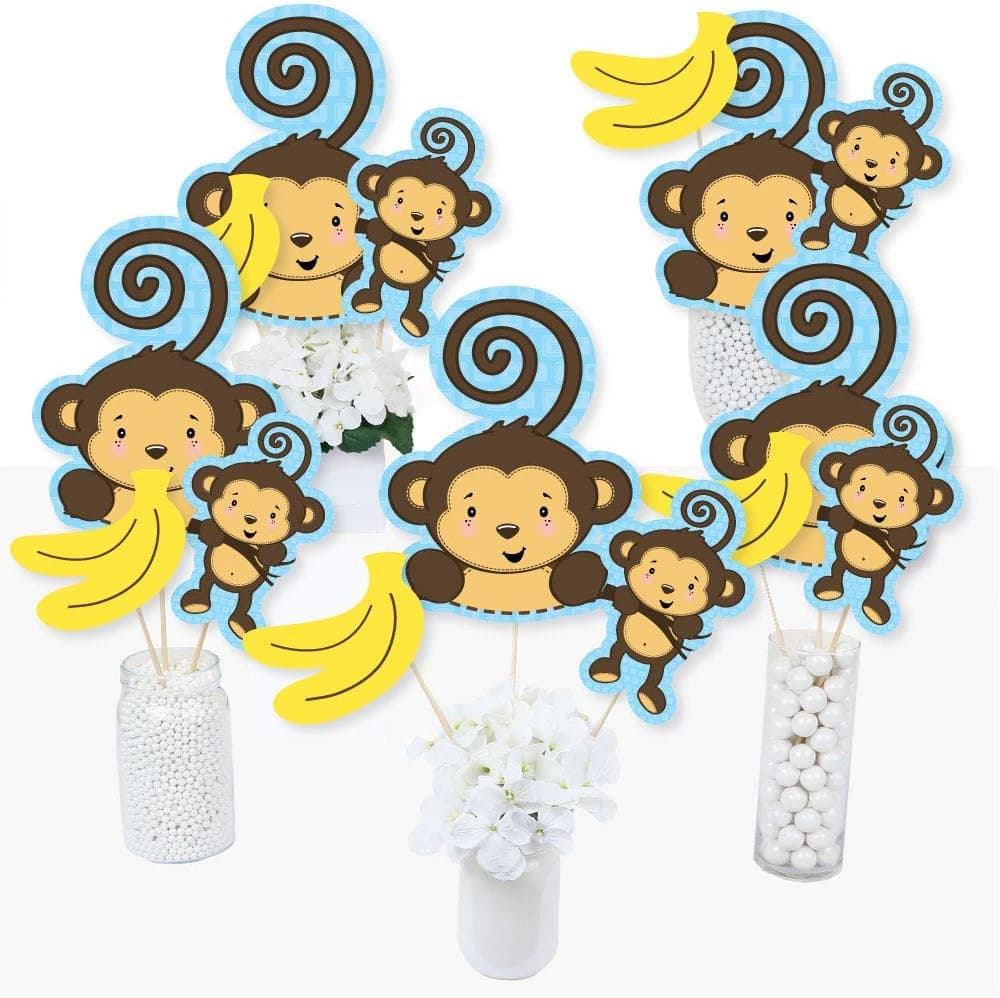 Blue Monkey Boy - Baby Shower or Birthday Party Centerpiece Sticks - Table Toppers - Set of 15