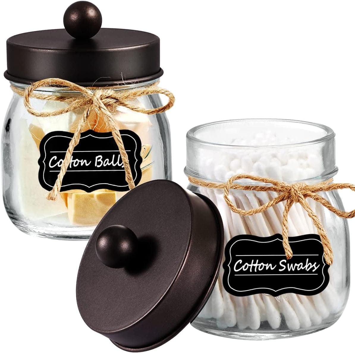 Mason Jar Bathroom Vanity Organizer - Rustic Farmhouse Decor Bronze Bathroom Accessories -- Qtip Dispenser Holder Canister Glass for Q-tips,Cotton Swabs,Rounds,Ball,Flossers / Bronze,2-Pack