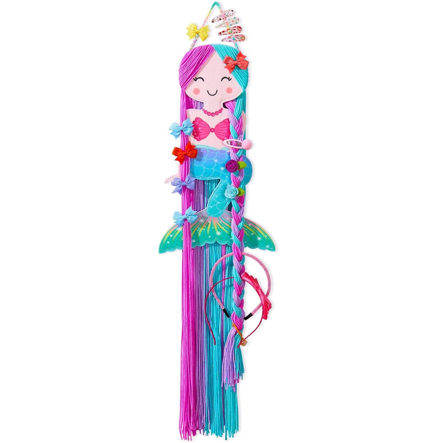 Beinou Hair Bow Holder Organizer for Girls Mermaid Headband Holder Colorful Yarn Tassels Hair Clip Organizer Storage Mermaid Party Decor Home Decor