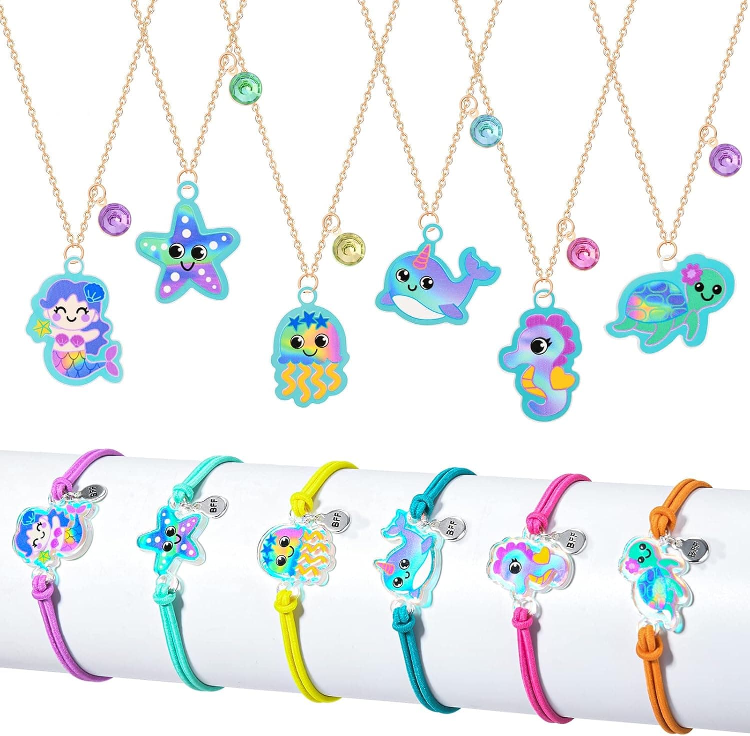 Lorfancy 12 PCS Kids Jewelry for Girls Necklaces Bracelets Set Mermaid Starfish Sea Turtle Dolphin Charm Bracelet Necklace Toddler Cute Ocean Theme Party Favors Friendship Dress Up Gifts