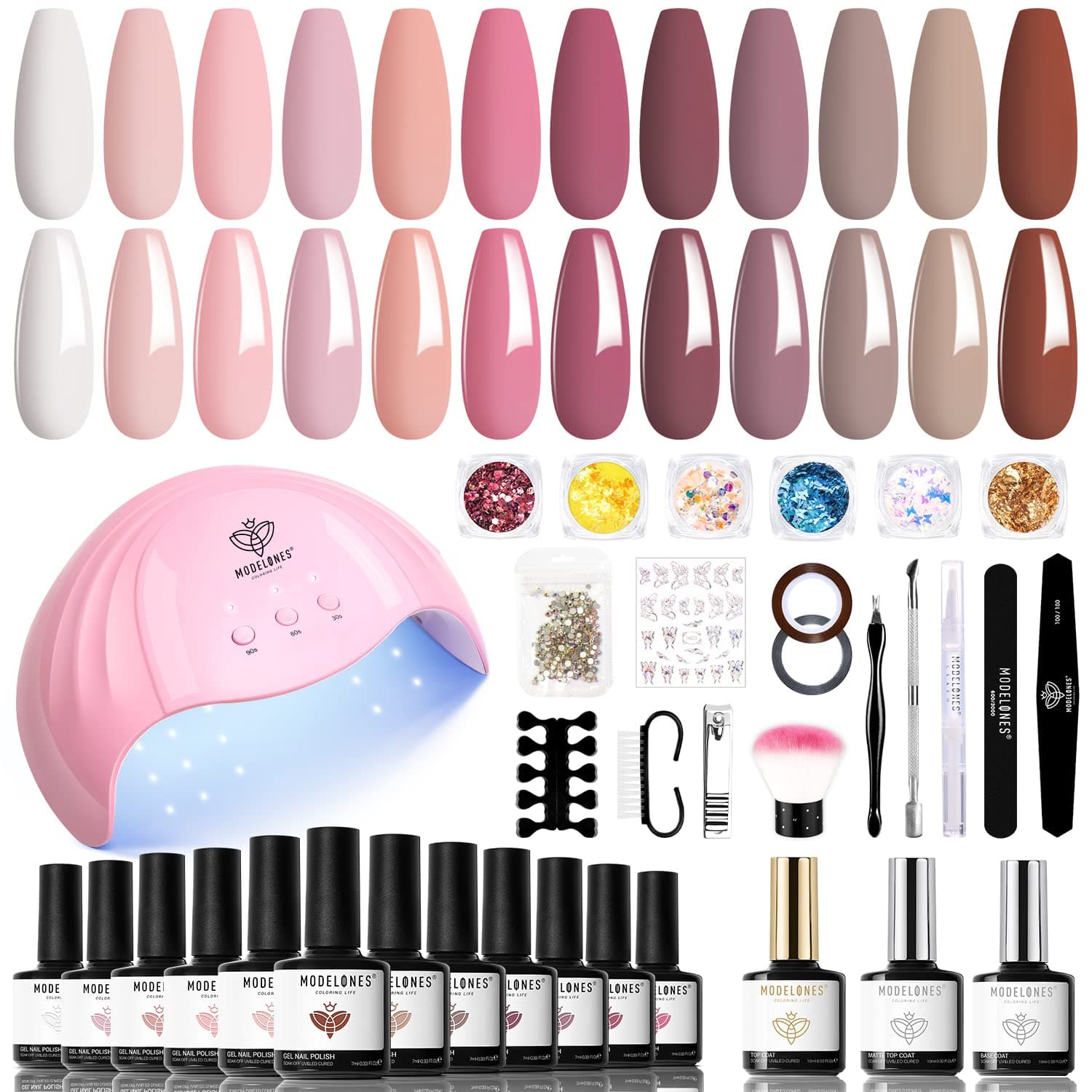 Modelones 35 Psc Gel Nail Polish Kit with U V Light 48W Nail Dryer 12 Colors White Pastel Pink Gel Nail Polish Set Glossy & Matte Base Top Coat Nail Art Decorations Manicure Tools DIY at Home Gift for Women