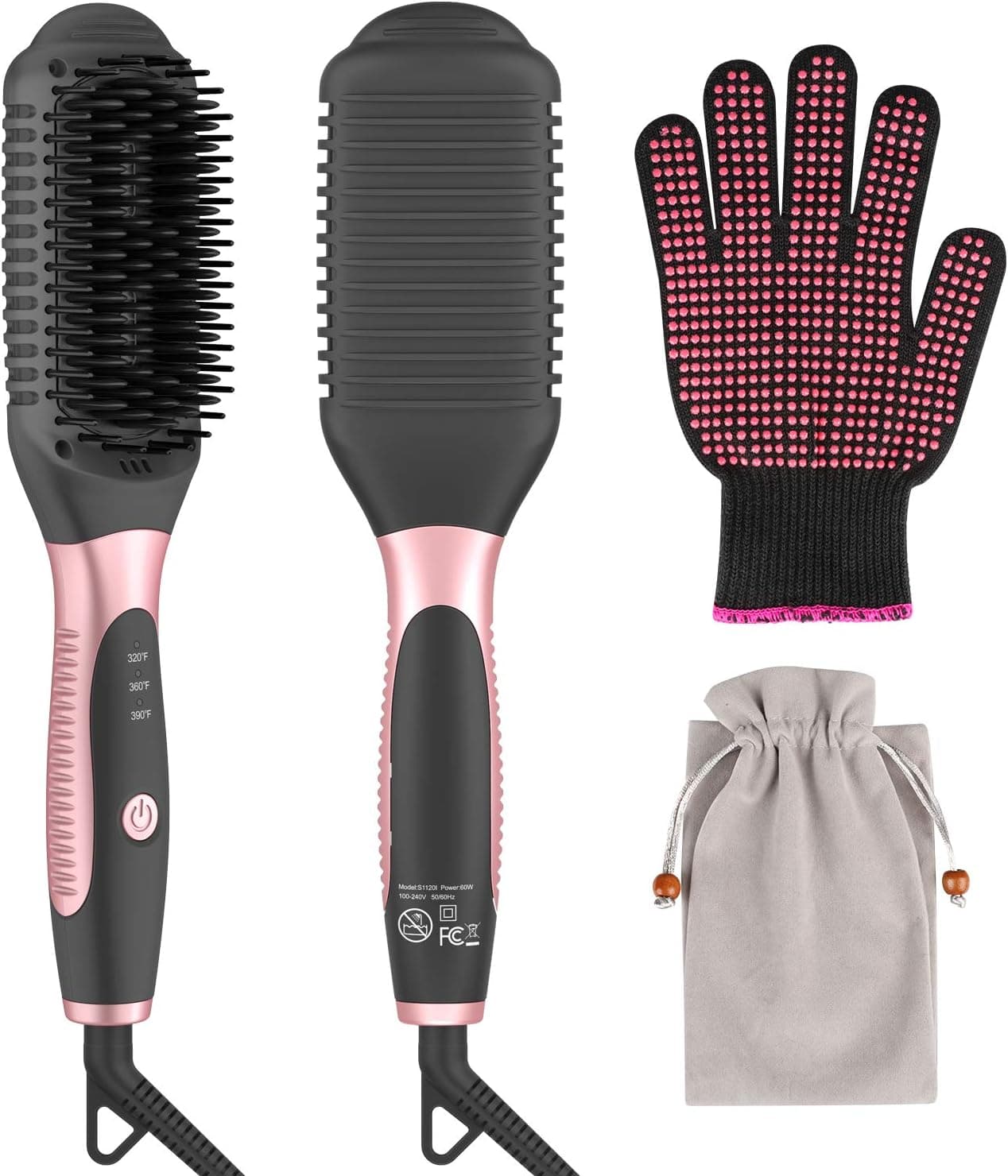 Bongtai Hair Straightener Heat Brush, 2-in-1 Ceramic Ionic Straightening Brush, Hot Comb with Anti-Scald Feature, Auto Temperature Lock & Auto-Off Function hot Comb Hair Straightener(Pink)