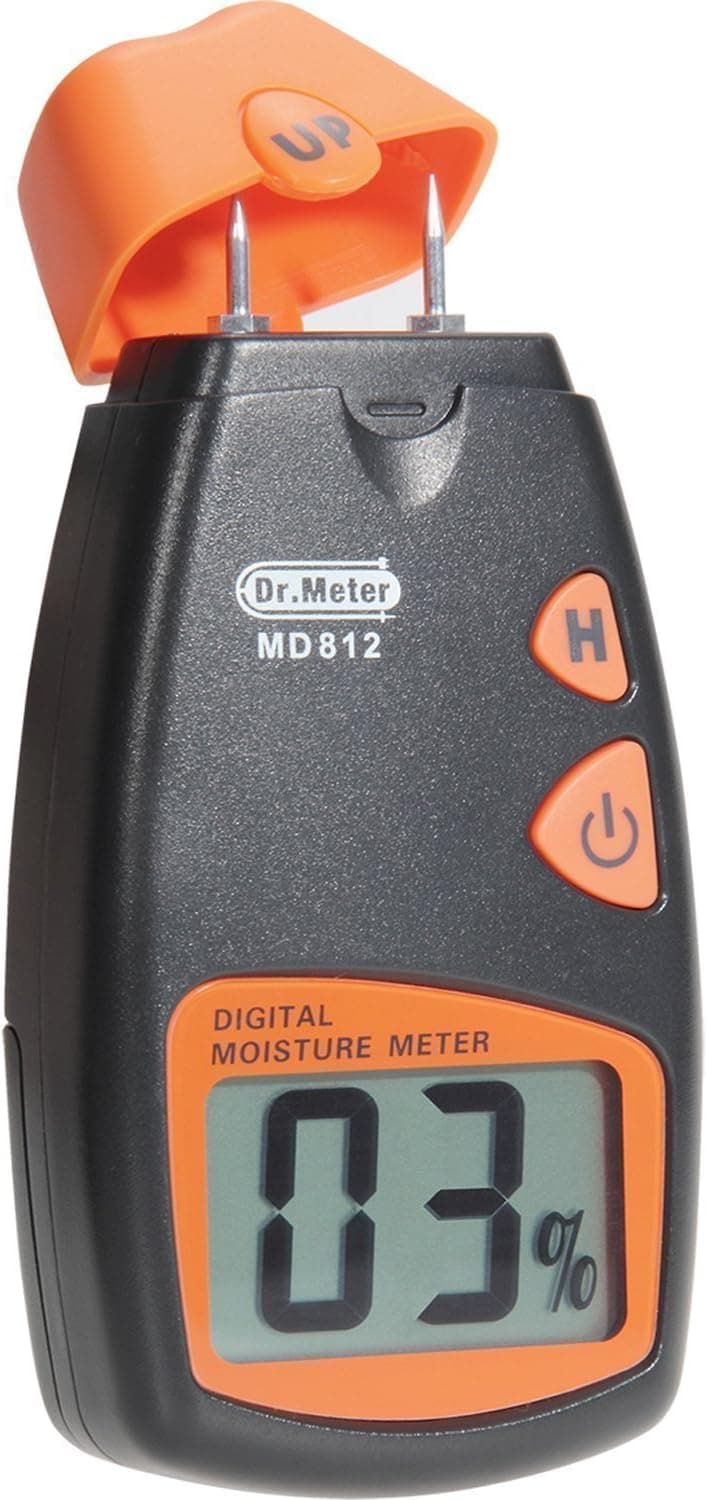 Dr.meter Digital Wood Moisture Meter,2 pins Portable Wood Water Moisture Tester, HD Digital LCD Display with 2 Spare Sensor Pins and one 9V Battery(Both Included) (PM2016S)