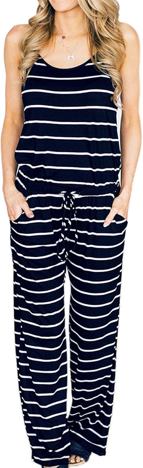 AMiERY Women's Floral Printed Jumpsuits Solid Rompers Casual Comfy Striped Jumpsuit with Pockets