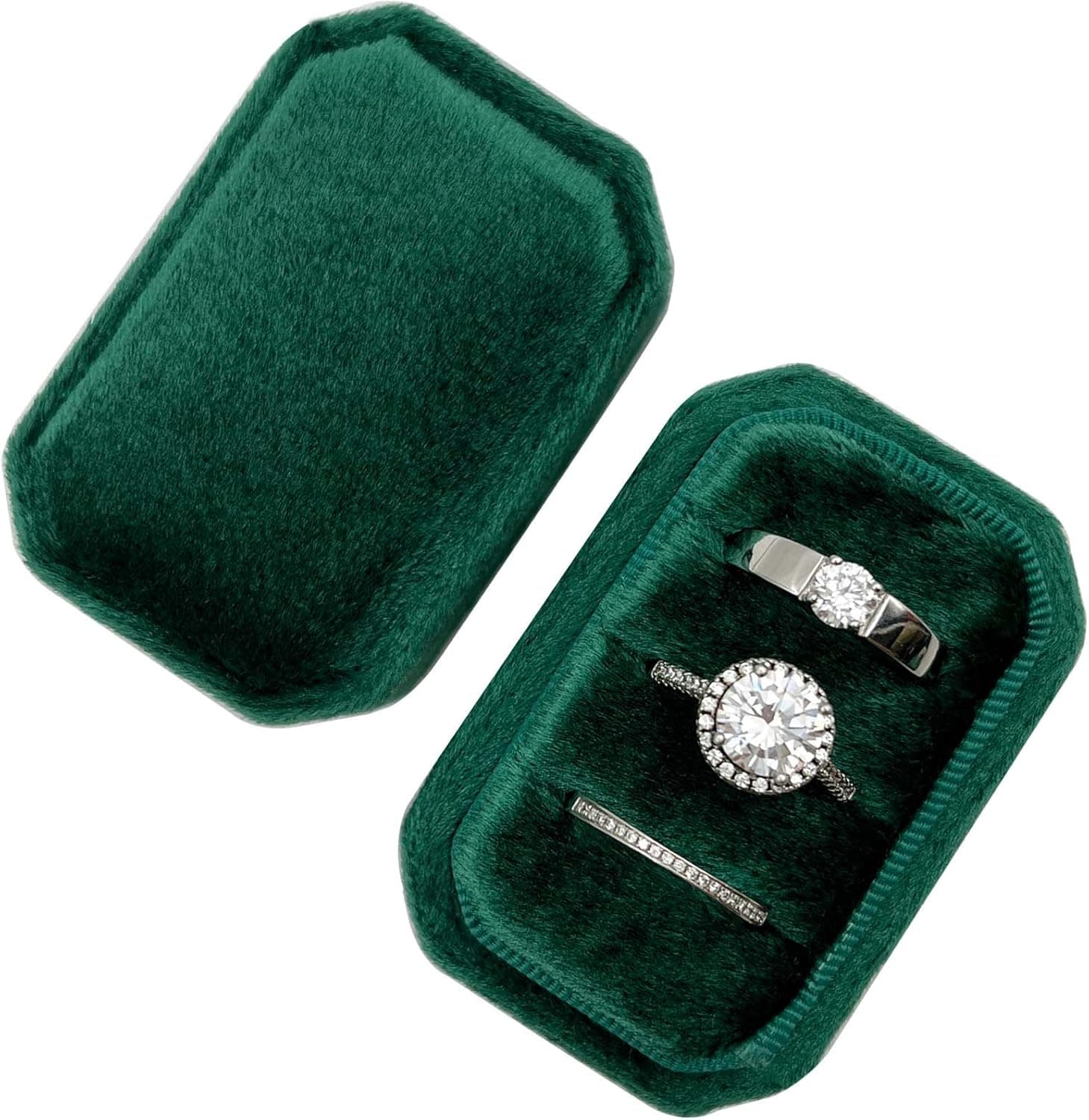 Beatilog Octagonal Rectangle Velvet Ring Box 3 Slots - Premium Handmade Wedding Three Rings Bearer Holder Vintage Orthogon Jewelry Storage for Ceremony Proposal Engagement (Emerald)
