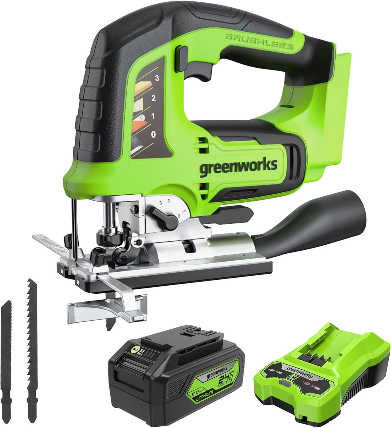 Greenworks 24V TruBrushless™ 1" Cordless Jig Saw (3,000 SPM / 4 Settings / LED Light), 4.0Ah USB Battery and Charger Included