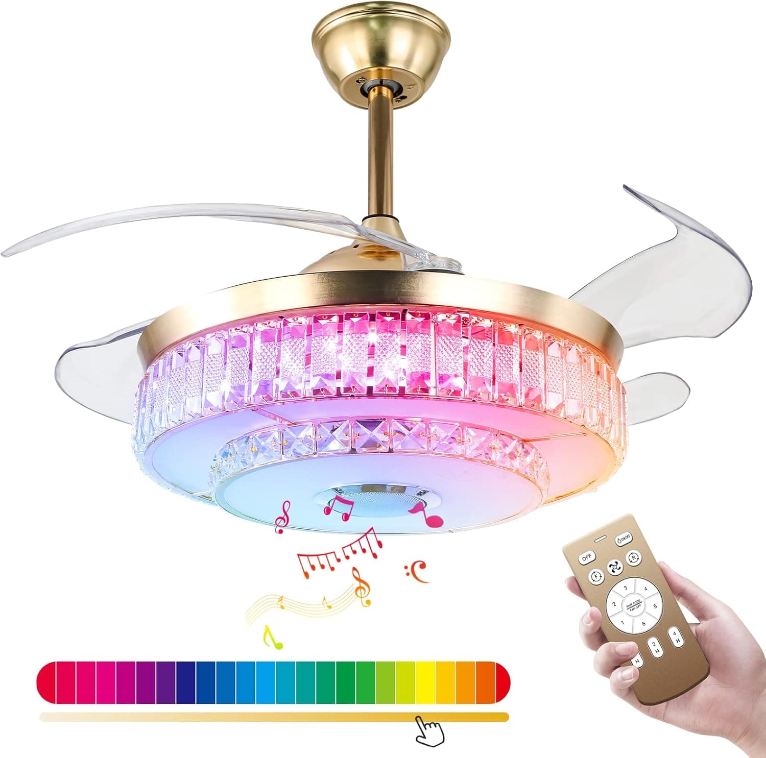 42 Inch Fandelier Ceiling fan Light with Remote,Retractable Bluetooth Ceiling Fan Chandelier 6 Speed,Modern Pendant Lighting Fixture for Living Room/Kitchen,Gold