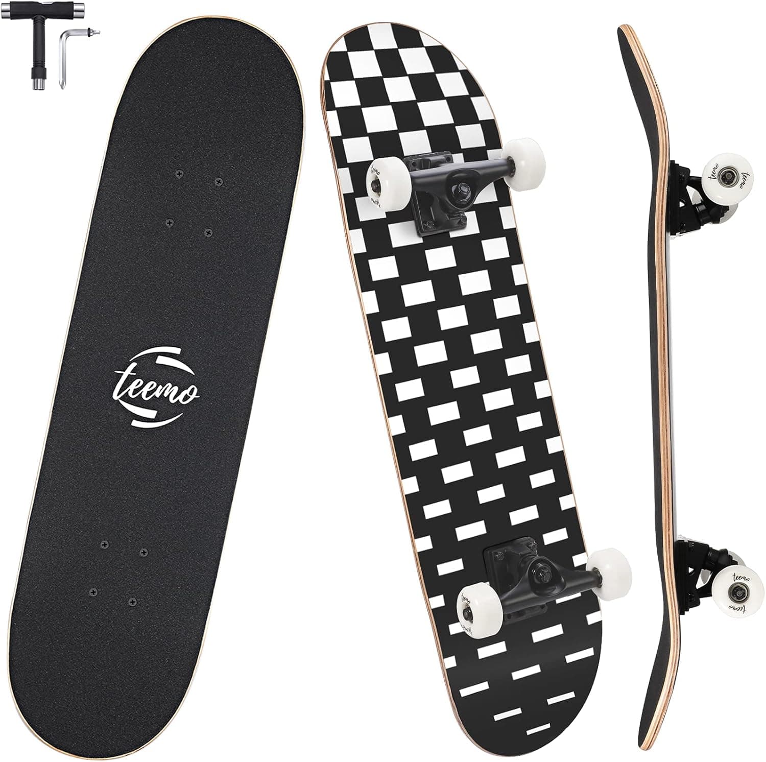 TEEMO Skateboard for Beginners, 7-Ply Canadian Maple Deck, 31" x 8" Complete Skateboard Double Kick Concave Standard Skateboard for Kids Teens & Adults