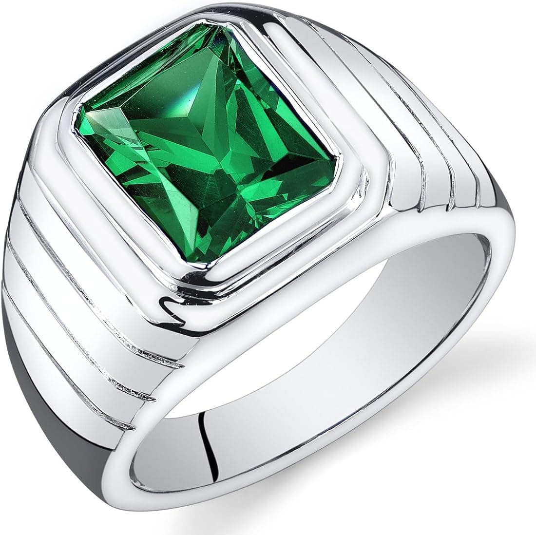 Peora Men's Simulated Emerald Modern Signet Ring 925 Sterling Silver, 5.50 Carats Octagon Shape 11x9mm, Sizes 8 to 10