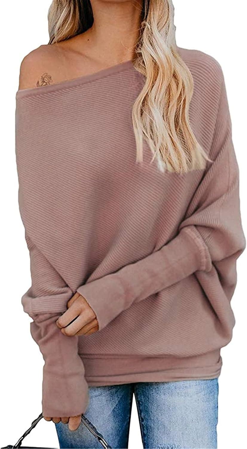EXLURA Women's Off Shoulder Batwing Sleeve Ribbed Shirt Loose Pullover Tops