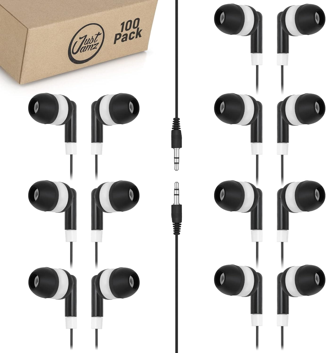 JustJamz Bulk Earbuds 100 Pack | Basic Ear Bud, Black Dot in-Ear Earbuds, Disposable Headphones, Class Headphones Set for Students, Earphones for Class, Kids, Classroom, Library,Wired Earbuds Bundle
