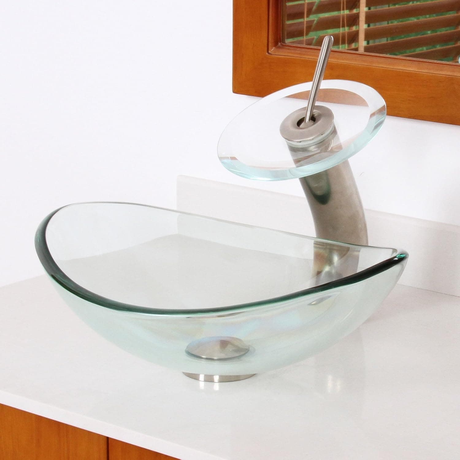 ELITE Unique Oval Clear Tempered Bathroom Glass Vessel Sink & Brushed Nickel Waterfall Faucet Combo