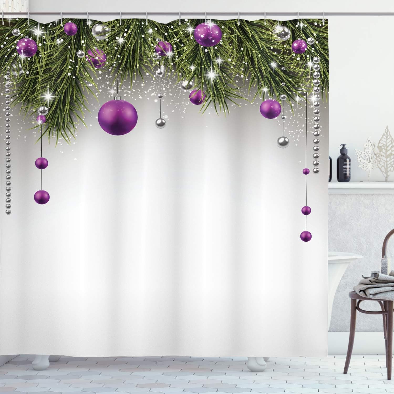 Ambesonne Christmas Shower Curtain, Tree with Tinsel and Ball with Present Wrap Ribbon Celebration Picture, Cloth Fabric Bathroom Decor Set with Hooks, 69" W x 84" L, Purple Grey